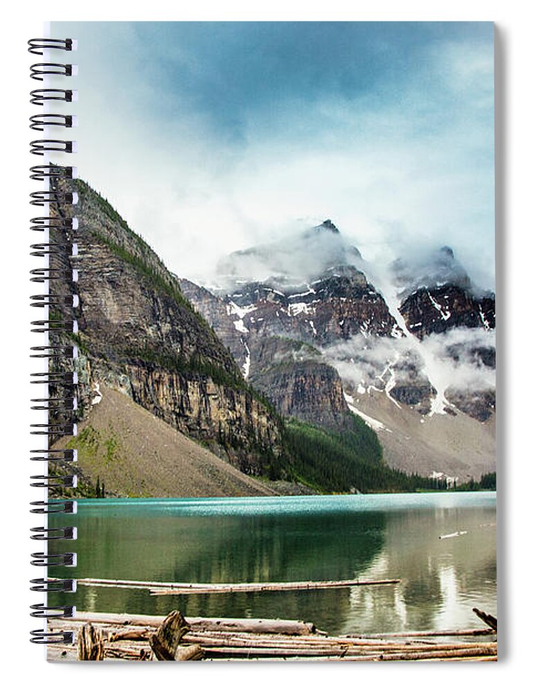 Moraine Spiral Notebook featuring the photograph Moraine Lake in the Rain by Monte Arnold