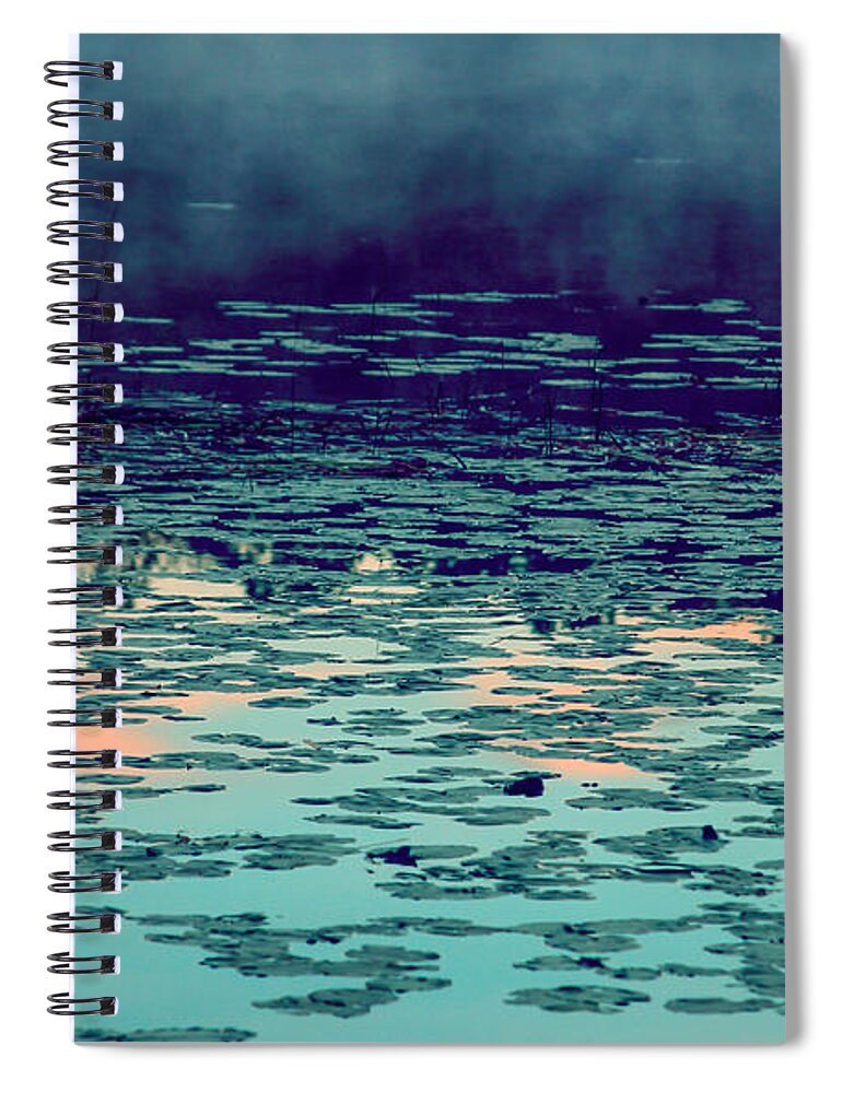 Morning Fog In The Lily Patch In Blues Spiral Notebook featuring the photograph Morning Fog in the Lily Patch in Blues by Bonnie Follett