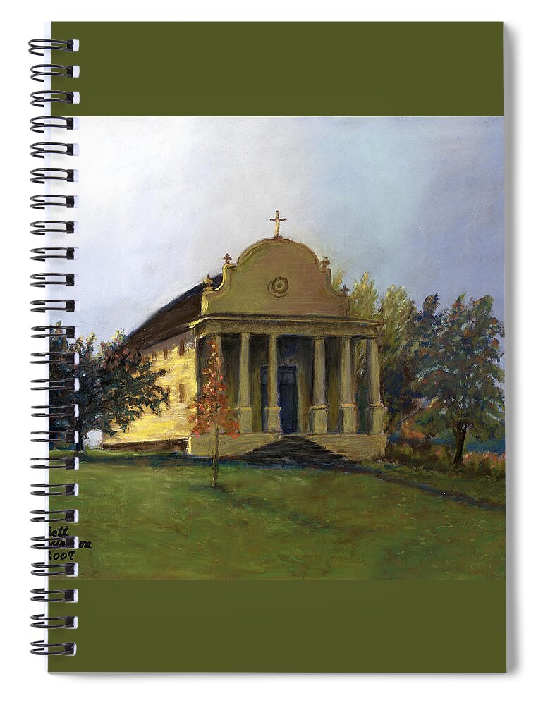 Sacred Heart Mission Spiral Notebook featuring the pastel Morning Light at Cataldo by Harriett Masterson