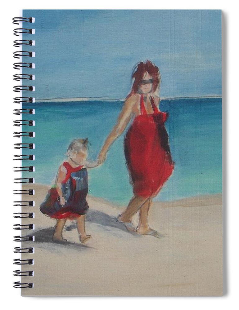 Mom Spiral Notebook featuring the painting Mother and Daughter Walk on the Beach by Vesna Antic