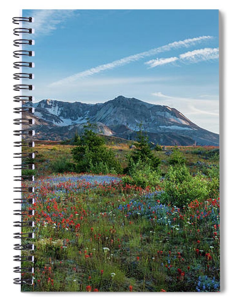 Mount St Helens Spiral Notebook featuring the photograph Mount St Helens Glorious Field of Spring Wildflowers Wider by Mike Reid