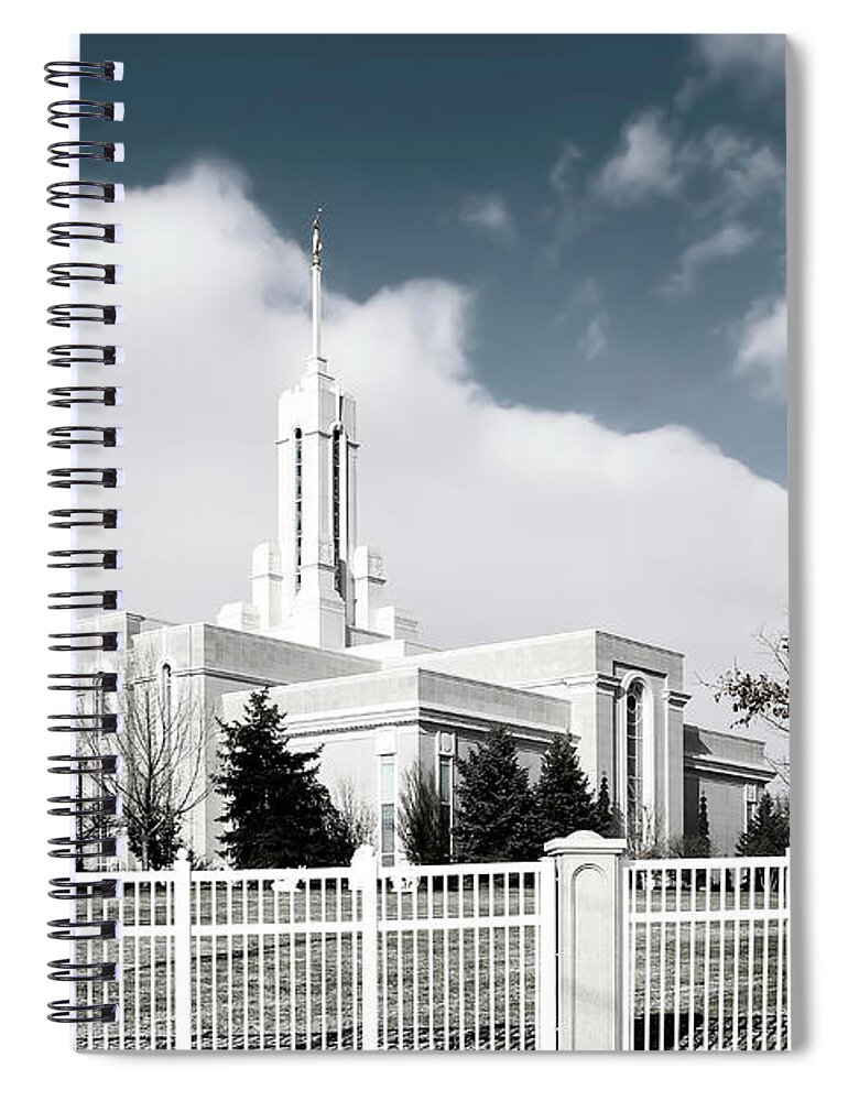 Temple Spiral Notebook featuring the photograph Mount Timpanogos Temple in December - Black and White by K Bradley Washburn