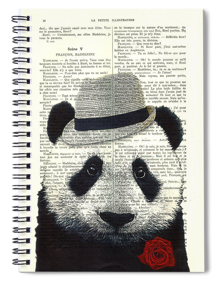 Panda Spiral Notebook featuring the digital art Panda With Fedora Hat And Red Rose by Madame Memento