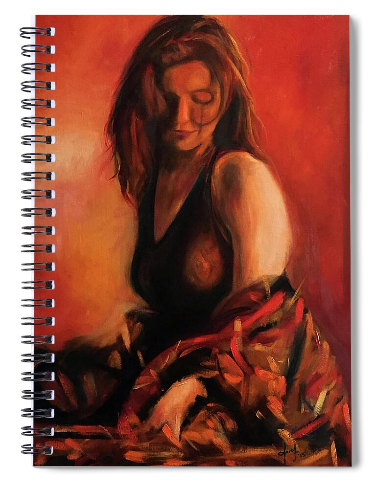  Spiral Notebook featuring the painting Muse en Rouge by Josef Kelly