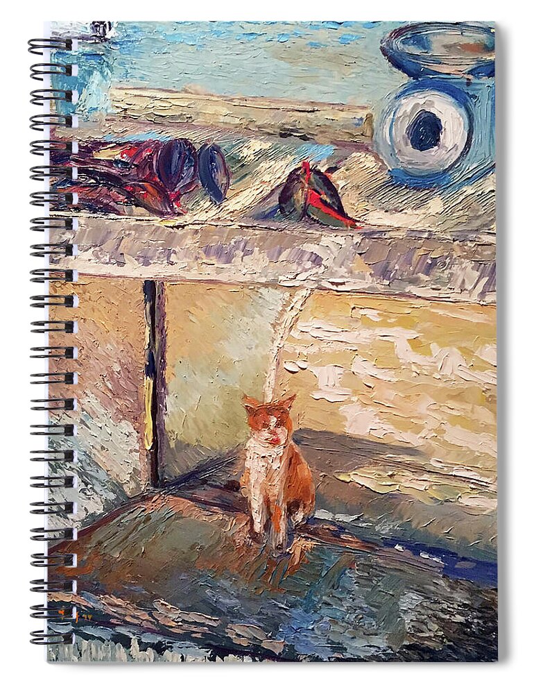  Spiral Notebook featuring the painting Mykanos Gata by Josef Kelly
