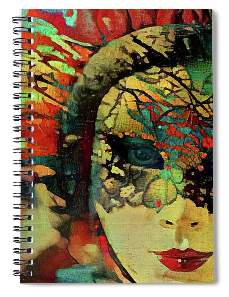 Mysterious Spiral Notebook featuring the mixed media Mysterious mask by Lilia D