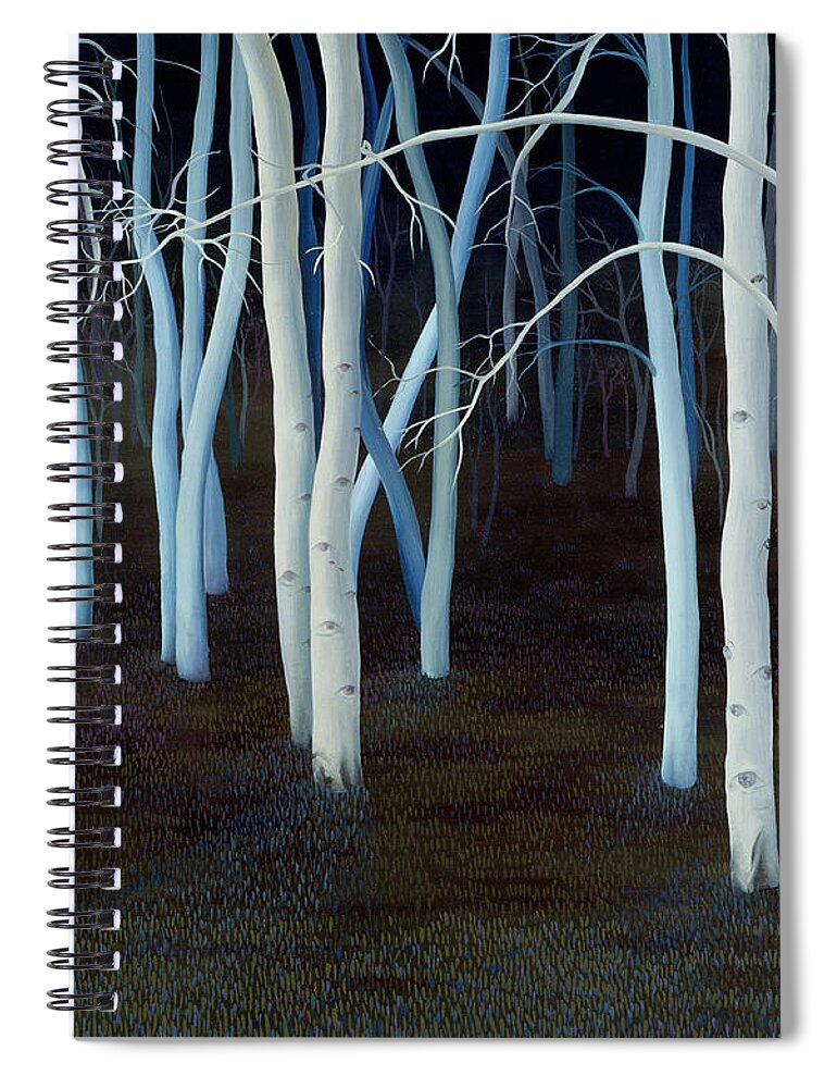 Wood; Woodland; Trees; Nocturne; Night; Tree Trunks; Luminous; White; Dark; Forest; Eyes; Atmospheric; Eerie Spiral Notebook featuring the painting Mystic by Magdolna Ban