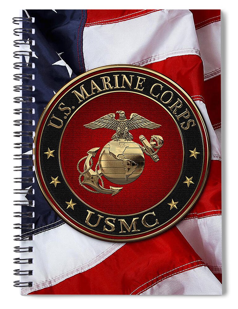 'usmc' Collection By Serge Averbukh Spiral Notebook featuring the digital art N C O and Enlisted E G A Special Edition over U. S. Flag by Serge Averbukh