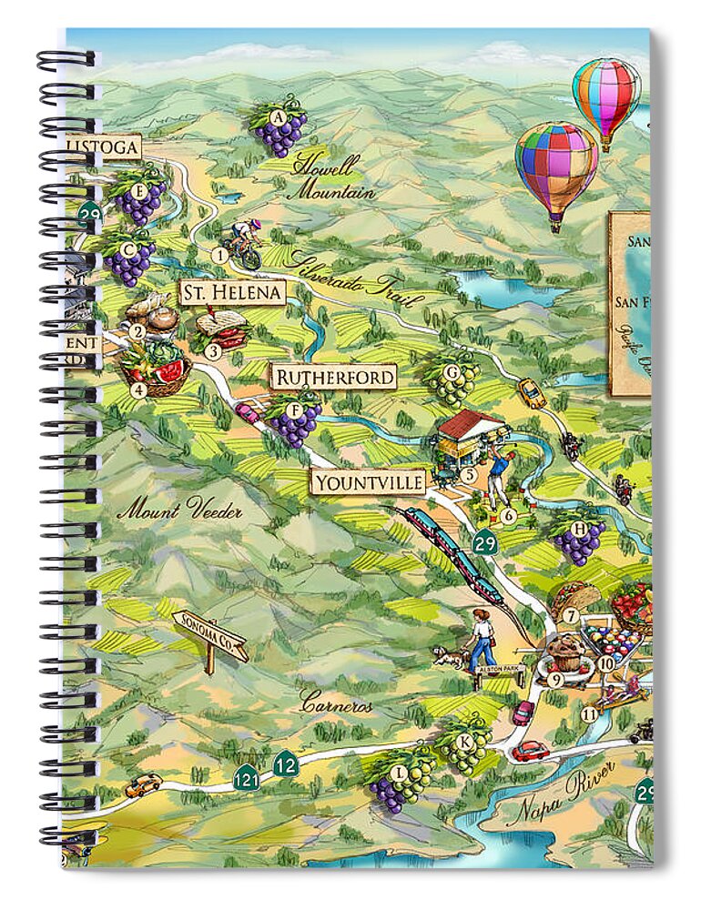 Napa Valley Spiral Notebook featuring the painting Napa Valley Illustrated Map by Maria Rabinky