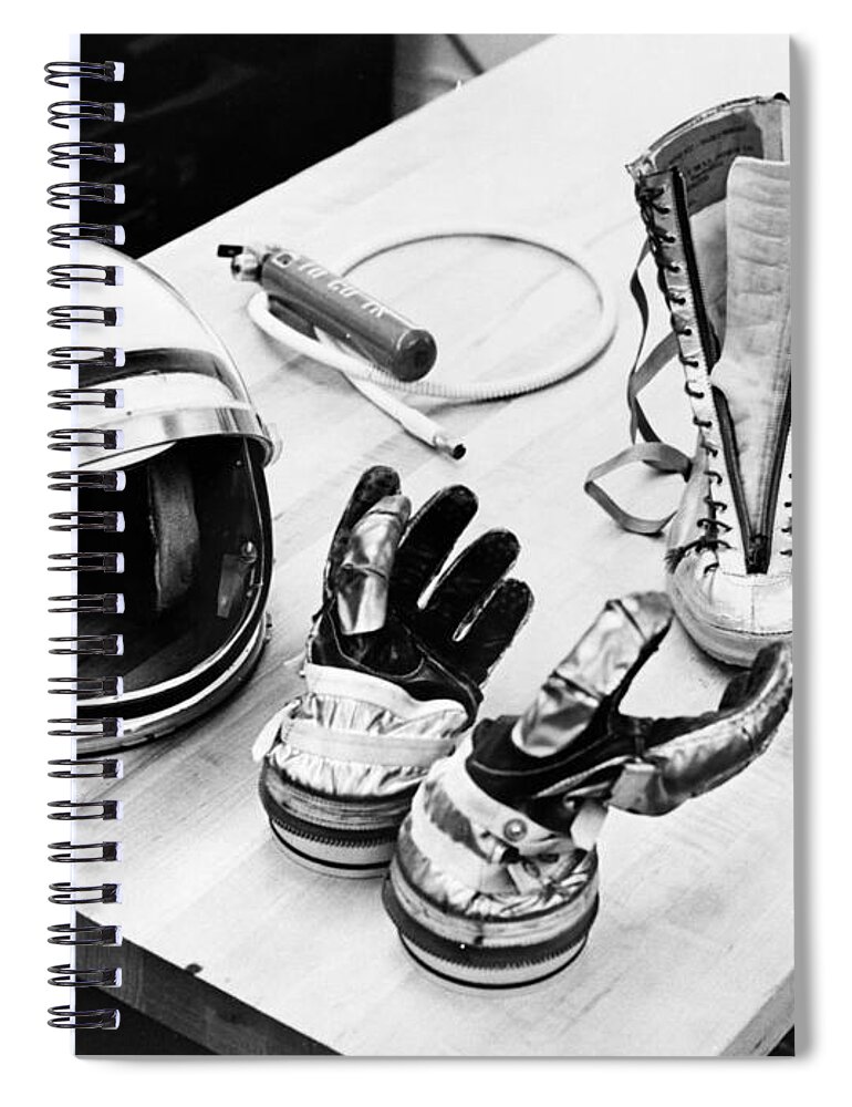 (28 July 1961) --- Table Top View Spiral Notebook featuring the photograph NASA Mercury suit components including gloves boots and helmet by Vintage Collectables