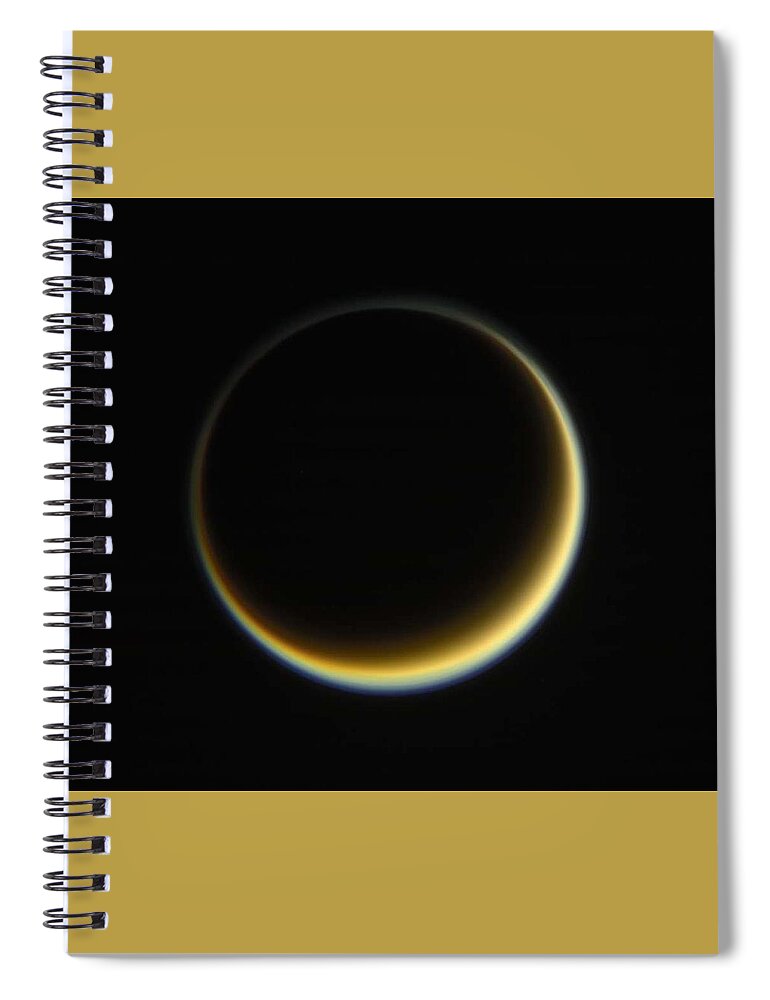 Sun Spiral Notebook featuring the painting NASA s Cassini spacecraft looks toward the night side of Saturn's moon Titan i by Celestial Images