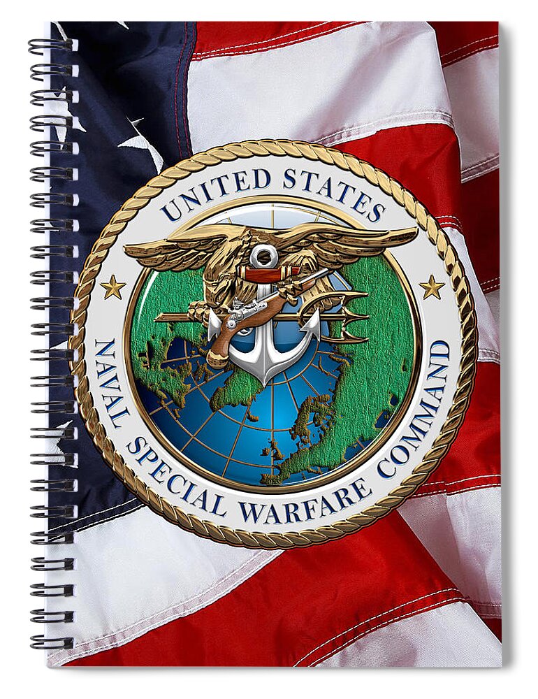 'military Insignia & Heraldry - Nswc' Collection By Serge Averbukh Spiral Notebook featuring the digital art Naval Special Warfare Command - N S W C - Emblem over U. S. Flag by Serge Averbukh