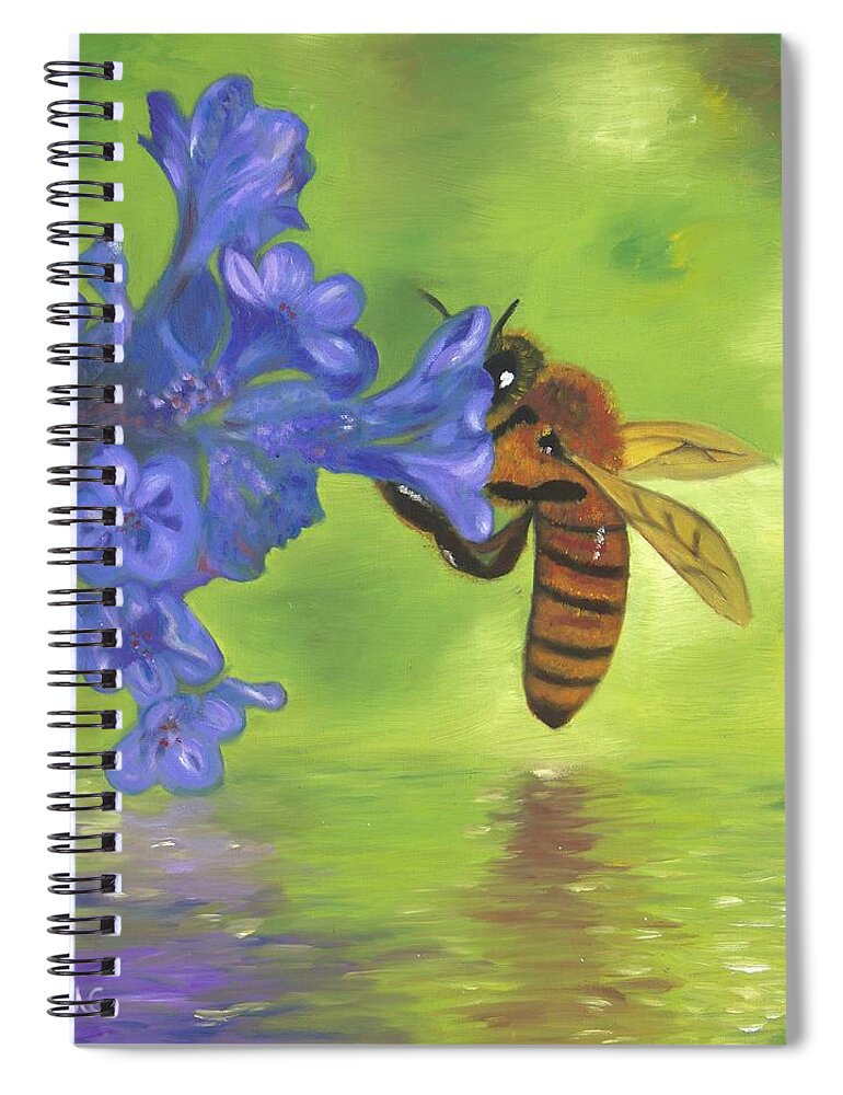 Bee Spiral Notebook featuring the painting Nectar of Life - Honeybee by Neslihan Ergul Colley