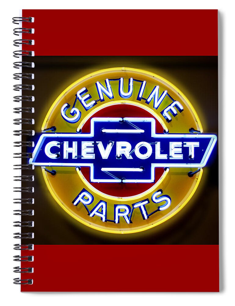 Neon Sign Spiral Notebook featuring the photograph Neon Genuine Chevrolet Parts Sign by Mike McGlothlen