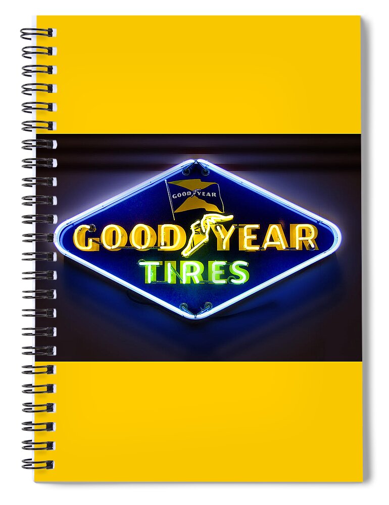 Transportation Spiral Notebook featuring the photograph Neon Goodyear Tires Sign by Mike McGlothlen