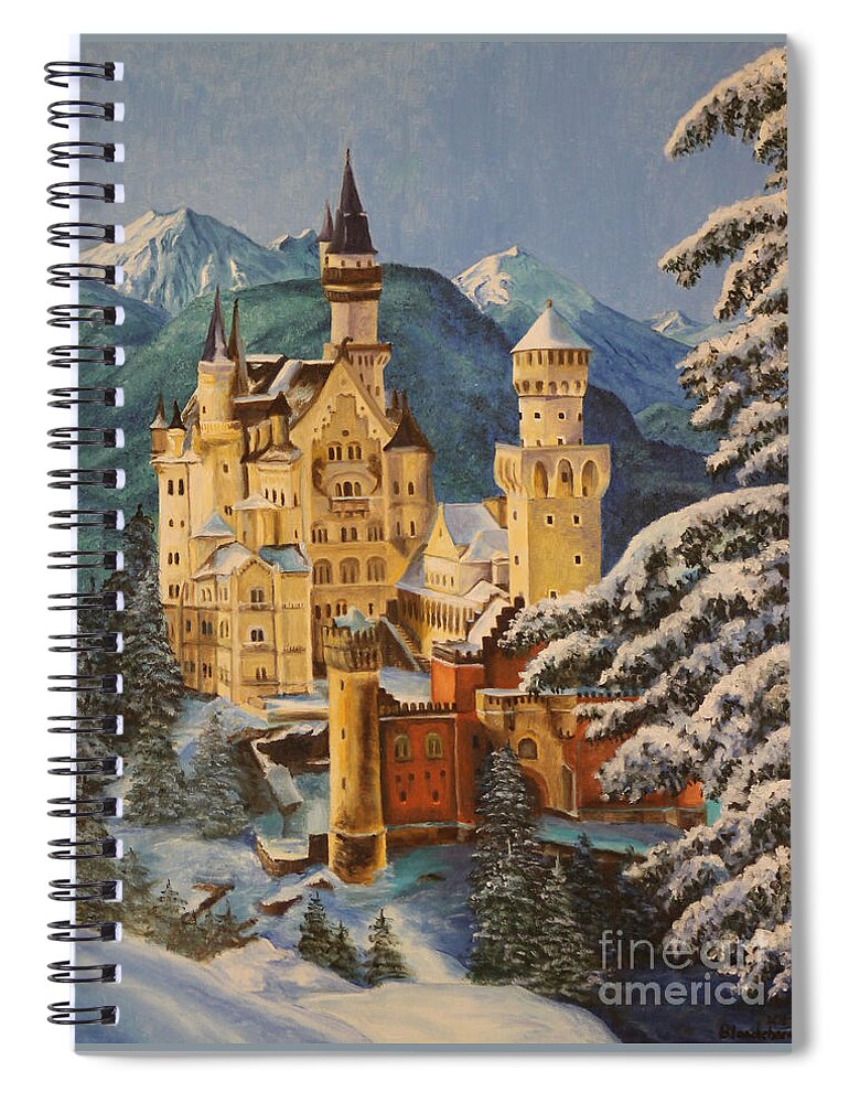 Germany Art Spiral Notebook featuring the painting Neuschwanstein Castle in Winter by Charlotte Blanchard