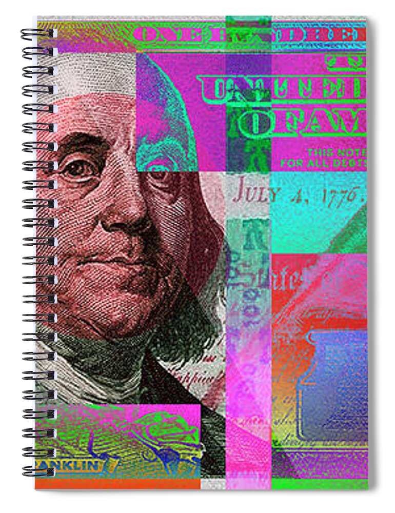 'paper Currency' Collection By Serge Averbukh Spiral Notebook featuring the digital art New 2009 Series Pop Art Colorized US One Hundred Dollar Bill No. 3 by Serge Averbukh