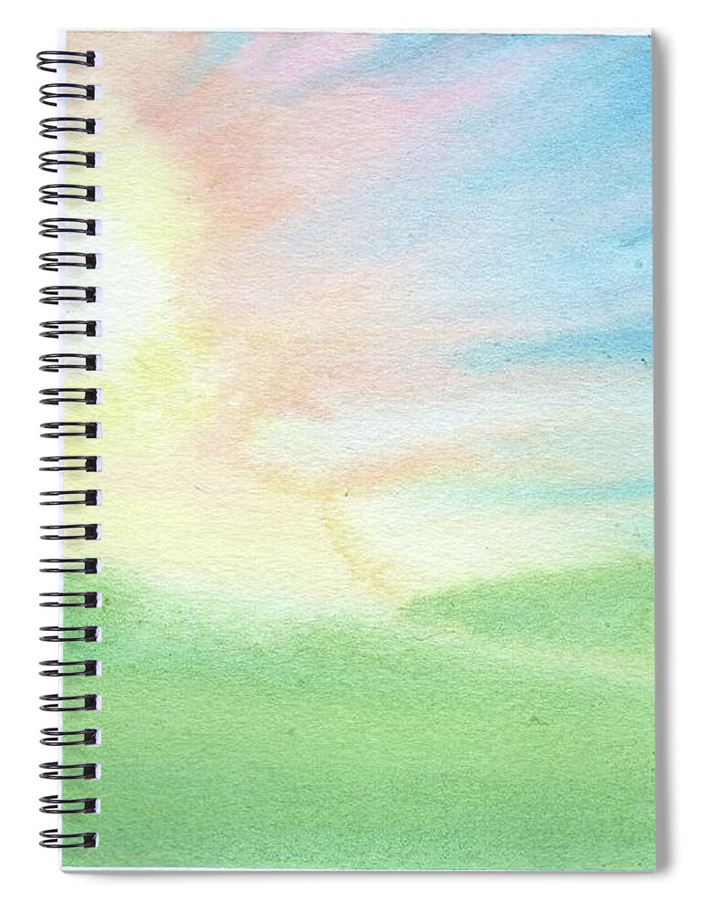 Sunrise Sunset Sun Rise Set Watercolor Original Grass Hill Green Blue Pink Yellow Easter Mothers Day Beginning New Spiral Notebook featuring the painting New Beginnings by Betsy Hackett