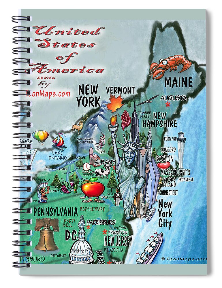 New England Spiral Notebook featuring the digital art New England Fun Map by Kevin Middleton