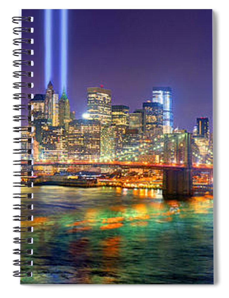 New York City Skyline Night Spiral Notebook featuring the photograph New York City Brooklyn Bridge Tribute in Lights Freedom Tower World Trade Center WTC Manhattan NYC by Jon Holiday