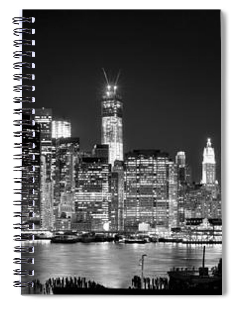 New York City Skyline At Night Spiral Notebook featuring the photograph New York City BW Tribute in Lights and Lower Manhattan at Night Black and White NYC by Jon Holiday