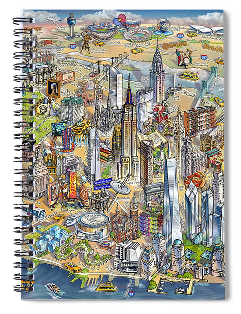 Manhattan Spiral Notebook featuring the painting New York City Illustrated Map by Maria Rabinky