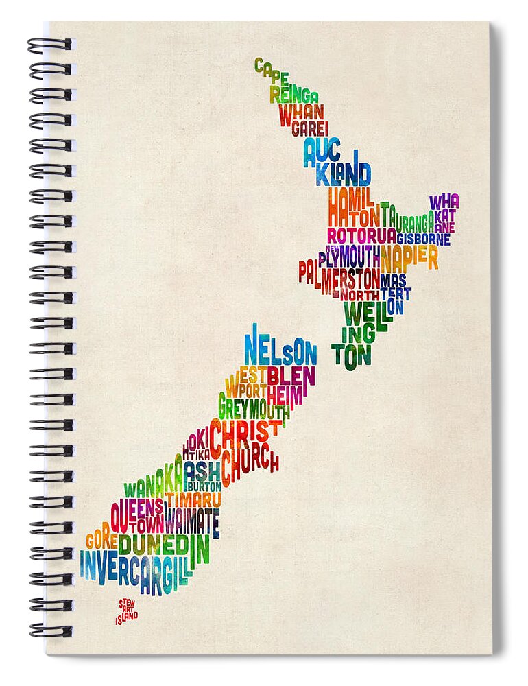 New Zealand Map Spiral Notebook featuring the digital art New Zealand Typography Text Map by Michael Tompsett