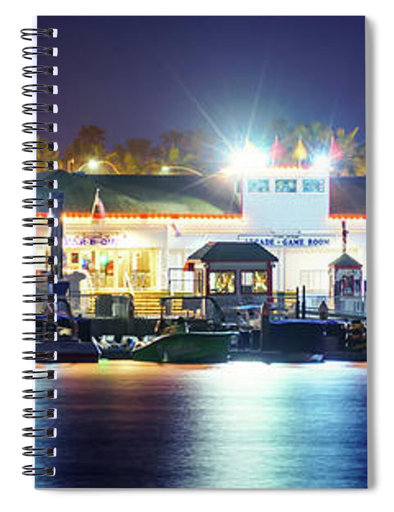 2017 Spiral Notebook featuring the photograph Newport Balboa Fun Zone at Night Panorama Photo by Paul Velgos