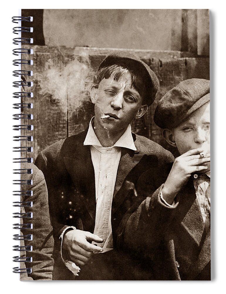 Vintage Spiral Notebook featuring the photograph Newsboys Smoking - 1910 Child Labor Photo by War Is Hell Store