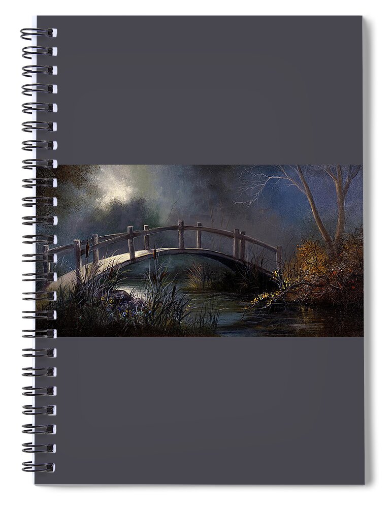Lynne Pittard Spiral Notebook featuring the painting Moonlit Bridge by Lynne Pittard