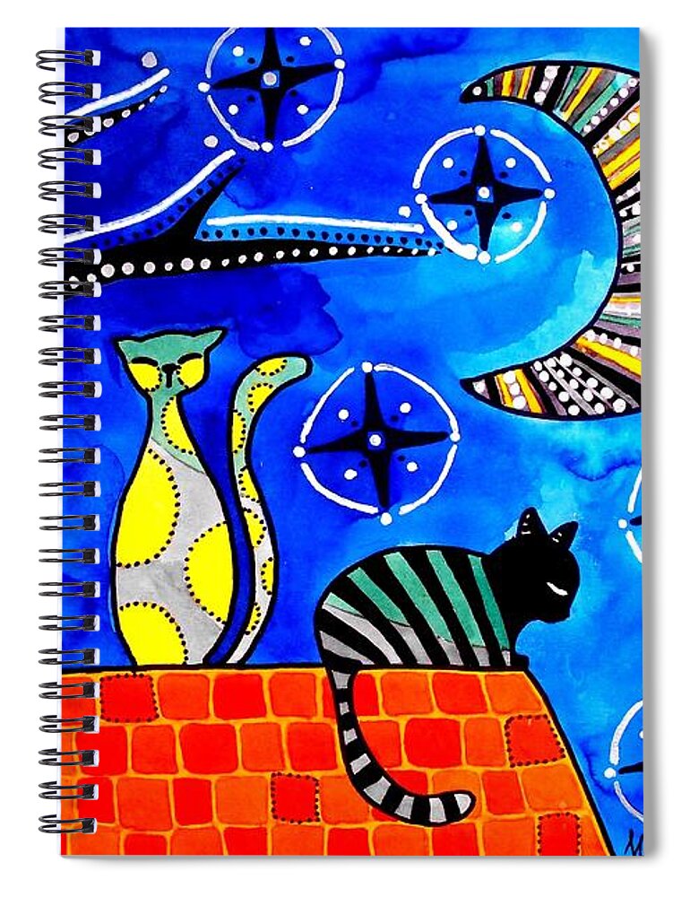 Cat Spiral Notebook featuring the painting Night Shift - Cat Art by Dora Hathazi Mendes by Dora Hathazi Mendes