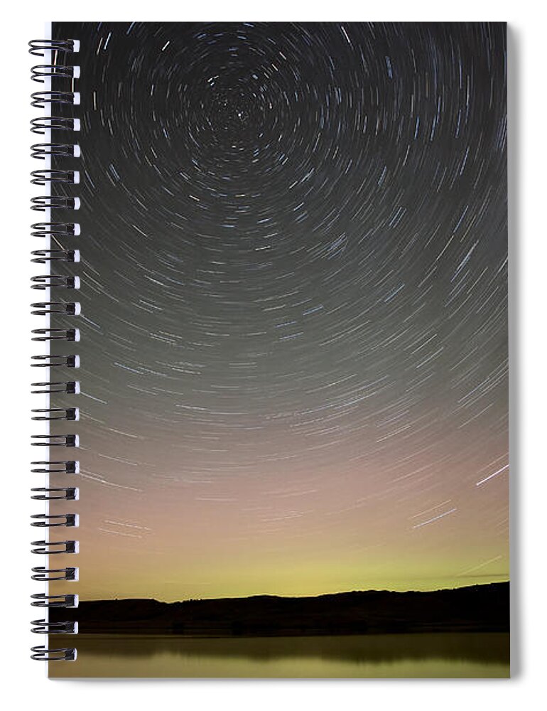 Night Spiral Notebook featuring the photograph Night Shot Star Trails lake by Mark Duffy