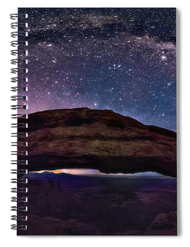Lena Owens Spiral Notebook featuring the digital art Night Sky Over Mesa Arch Utah by Lena Owens - OLena Art Vibrant Palette Knife and Graphic Design