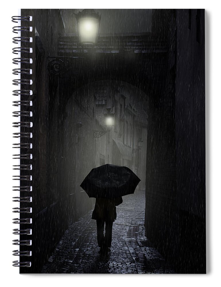 Street Spiral Notebook featuring the photograph Night walk in the rain by Jaroslaw Blaminsky