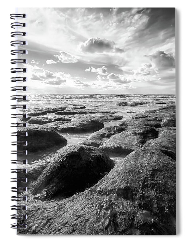 Norfolk Spiral Notebook featuring the photograph Norfolk Hunstanton rugged coastline black and white by Simon Bratt