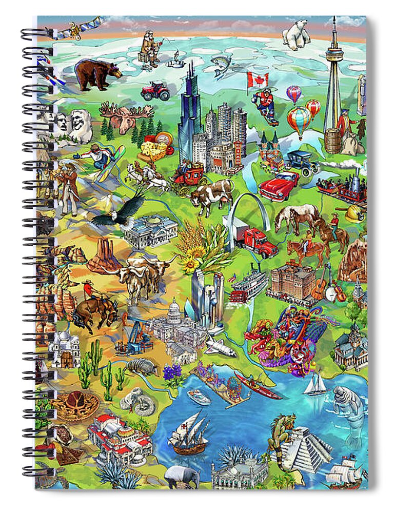 Los Angeles; Santa Barbara; Us; Usa; Maria Rabinky; Rabinky; New York; Illustrated Map; United States; Chicago; San Francisco; Pictorial Map; America; Colorful Map Of America Spiral Notebook featuring the painting North America Wonders Map Illustration by Maria Rabinky