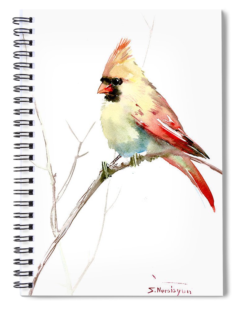 Cardinal Bird Spiral Notebook featuring the painting Northern Cardinal,female by Suren Nersisyan