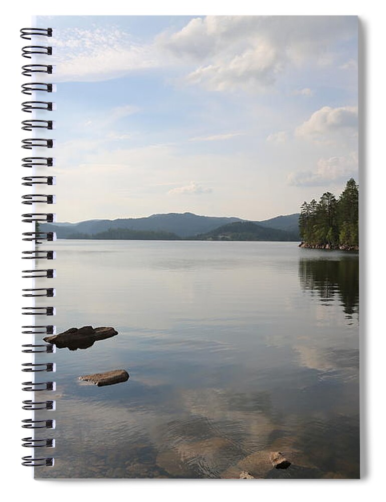 Waterfront Water Lake Forrest Trees Rocks Woods Outdoors Nature Landscape View Scandinavia Europe Norway Clouds Sky Spiral Notebook featuring the digital art Norwegian Landscape by Jeanette Rode Dybdahl