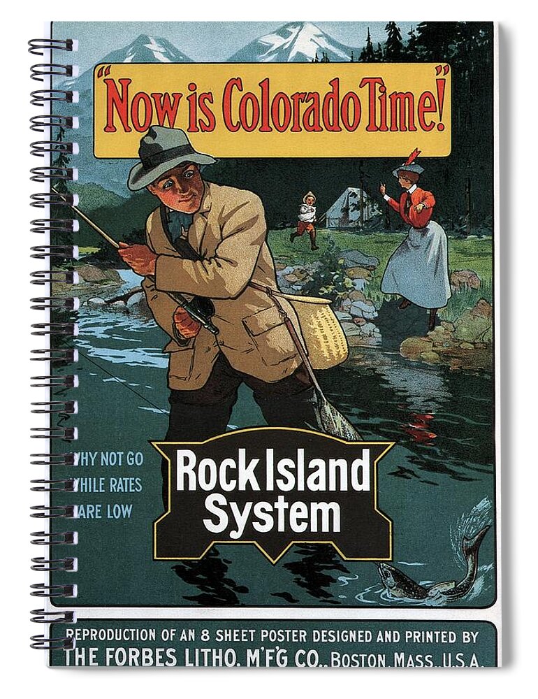 Now Is Colorado Time Spiral Notebook featuring the mixed media Now Is Colorado Time - Rock Island System - Retro travel Poster - Vintage Poster by Studio Grafiikka
