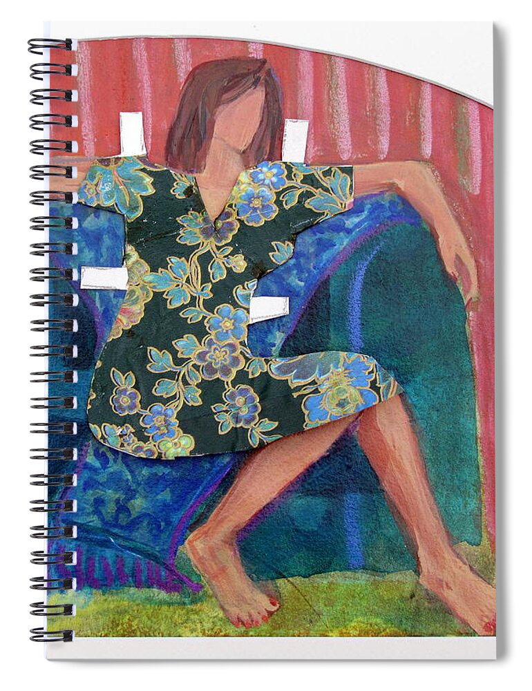Paper Doll Dress Covering Nude In Big Green Chair Spiral Notebook featuring the painting Nude in Paper Doll Dress by Betty Pieper