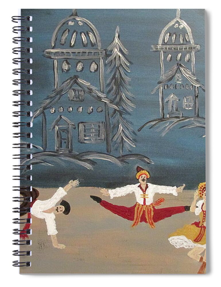 Abstract Christmas Nutcracker Ballet Dance Headresses Music Russia Russian Cossacks Navy Black White Wine Gold Brown Spiral Notebook featuring the painting Nutcrackers Dance Of Russian Cossacks by Sharyn Winters