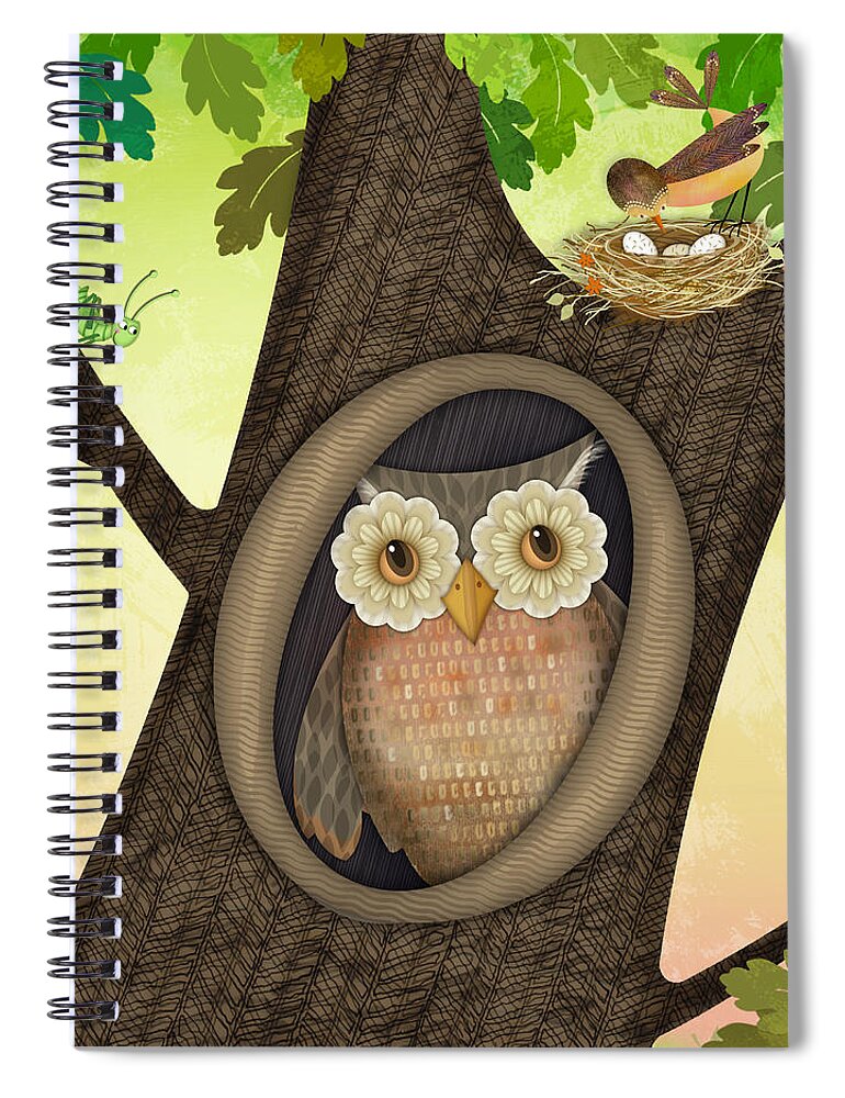 Letter O Spiral Notebook featuring the digital art O is for Owl by Valerie Drake Lesiak