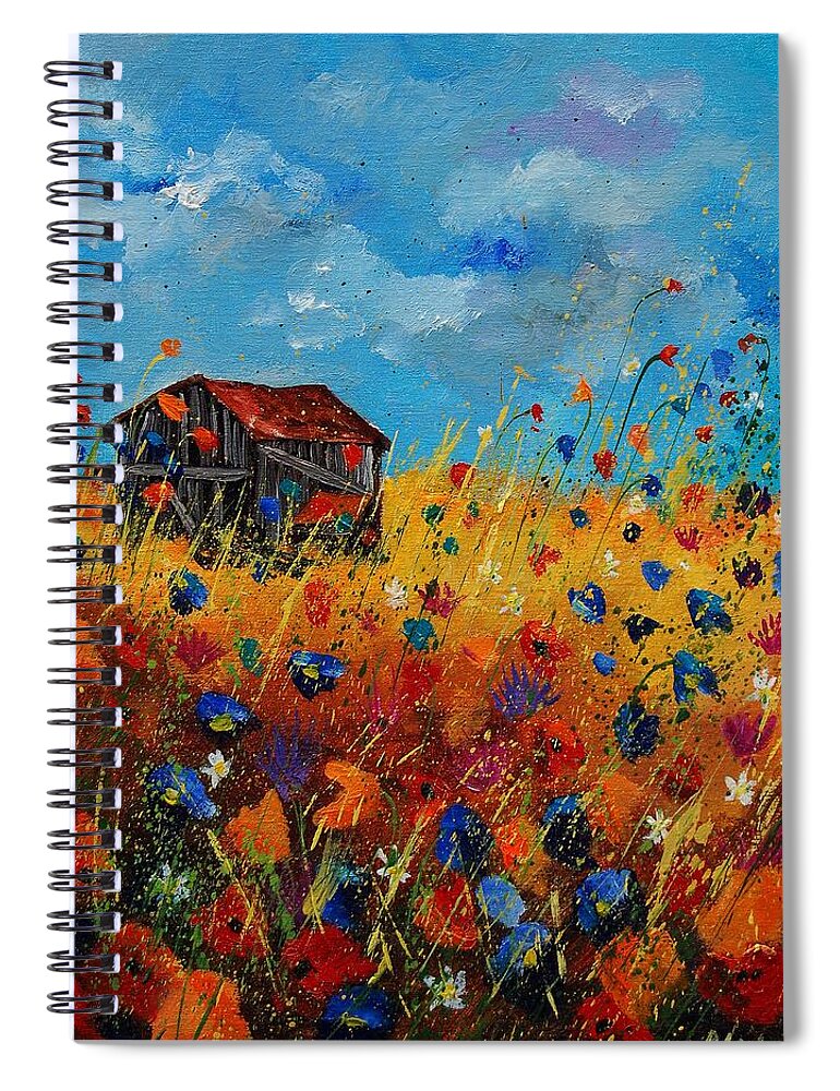 Flowers Spiral Notebook featuring the painting Old barn and wild flowers by Pol Ledent