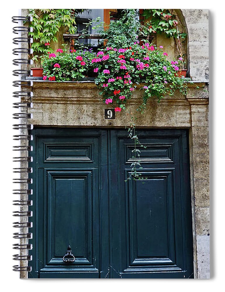 Paris Spiral Notebook featuring the photograph Old Door With Flowers In The Wondow In Paris, France by Rick Rosenshein
