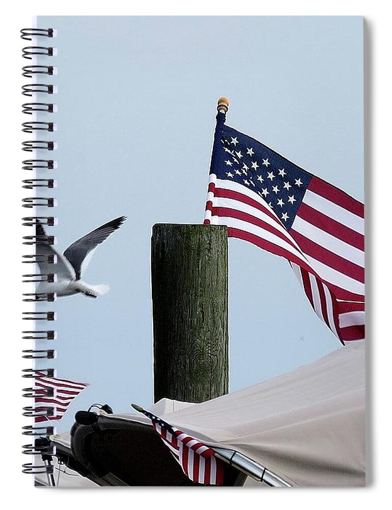 American Flag Spiral Notebook featuring the photograph Old Glory and Gull by Linda Stern