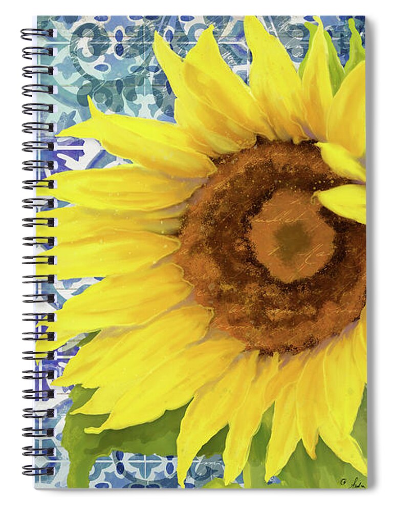 Old Havana Spiral Notebook featuring the painting Old Havana Sunflower - Cobalt Blue Tile Painted over Wood by Audrey Jeanne Roberts
