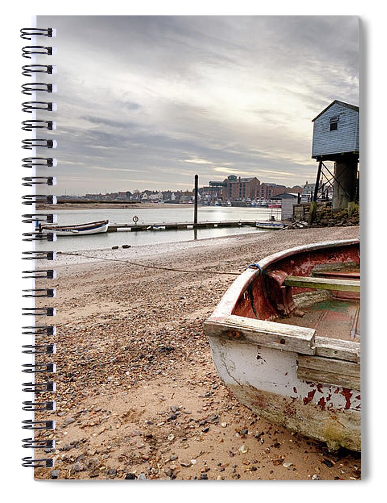 Norfolk Spiral Notebook featuring the photograph Old rowing boat and lookout tower on beach by Simon Bratt