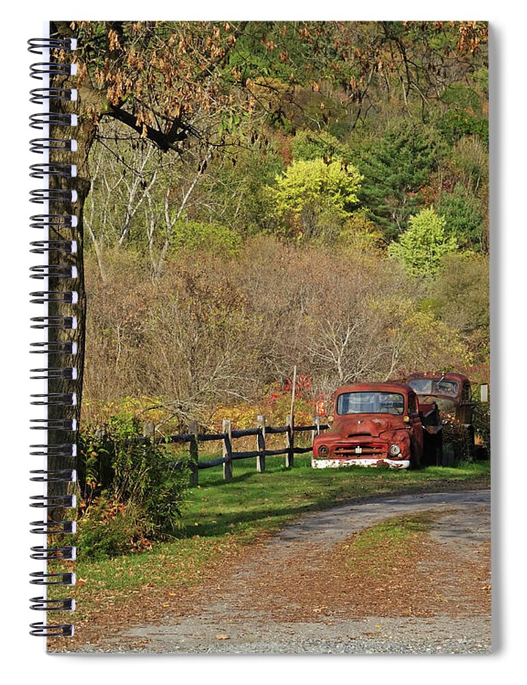 Bethel Spiral Notebook featuring the photograph Old Rusted Trucks Bethel Vermont VT New England Foliage Aurumn by Toby McGuire