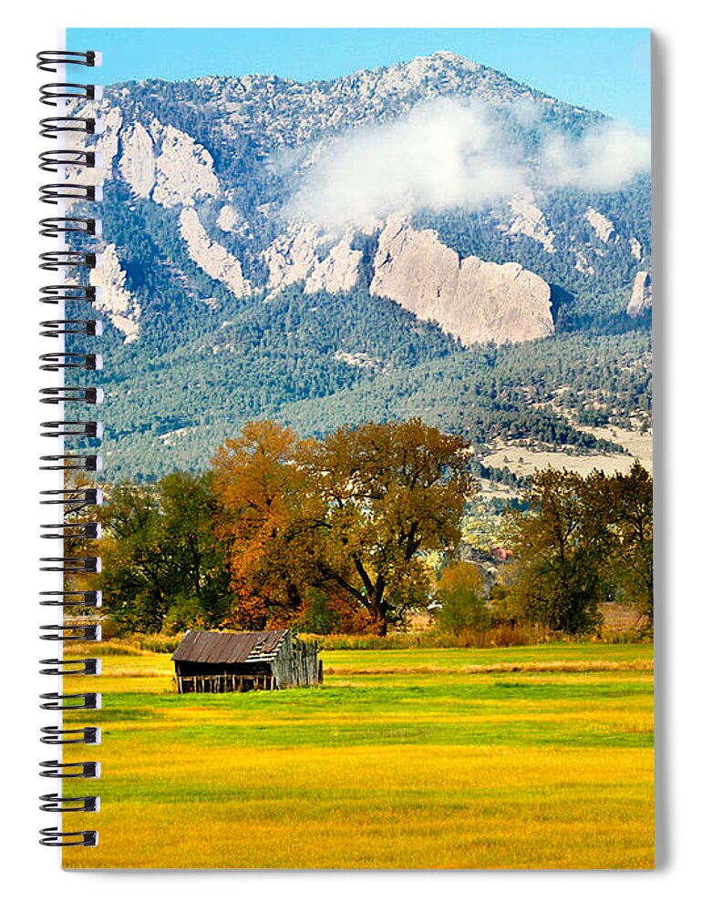 Rural Spiral Notebook featuring the photograph old shed against Flatirons by Marilyn Hunt