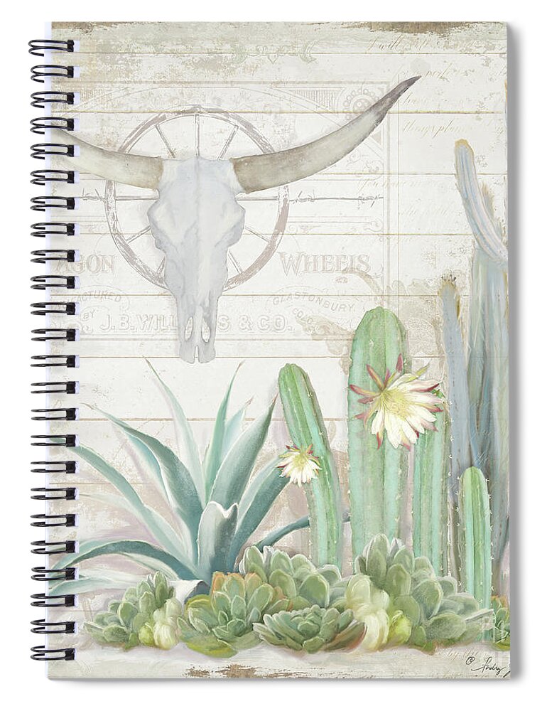 Longhorn Cow Skull Spiral Notebook featuring the painting Old West Cactus Garden w Longhorn Cow Skull n Succulents over Wood by Audrey Jeanne Roberts